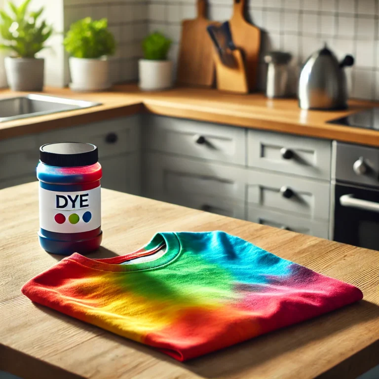 A vibrant dyed t-shirt in a range of bright colors placed on a kitchen counter. Next to the t-shirt is a container of dye with a label showing multiple colors. The kitchen has a clean look with natural light highlighting the t-shirt and the dye container, featuring potted plants, a kettle, and cutting boards in the background.