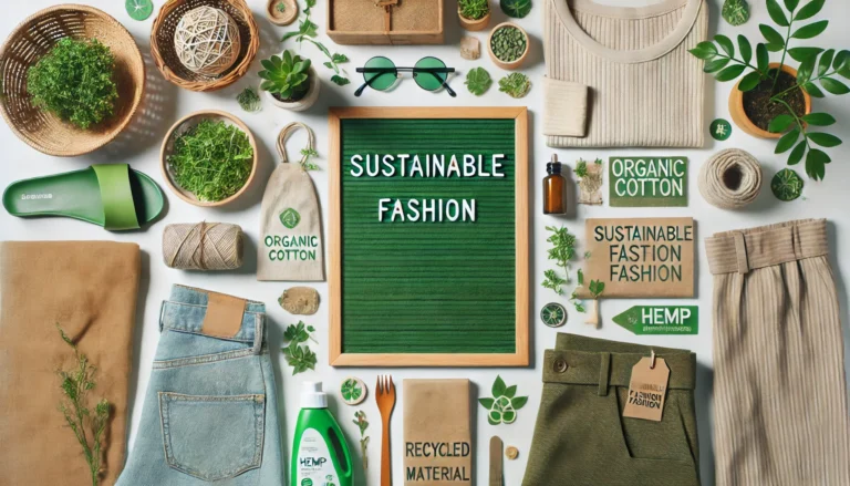 A flat lay scene featuring a variety of sustainable fashion items including organic cotton shirts, hemp pants and recycled materials and accessories.
