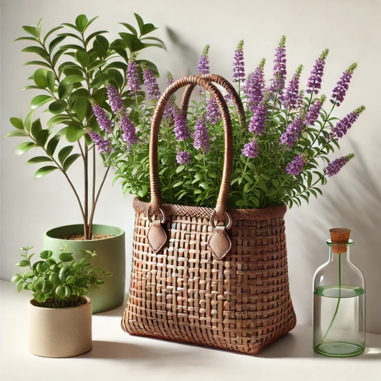 An image of a wicker handbag used as a planter, filled with purple flowers. The handbag is placed on a white surface next to a green potted plant and a clear glass bottle. The background is simple and clean, emphasizing the arrangement of the plants and the wicker handbag.