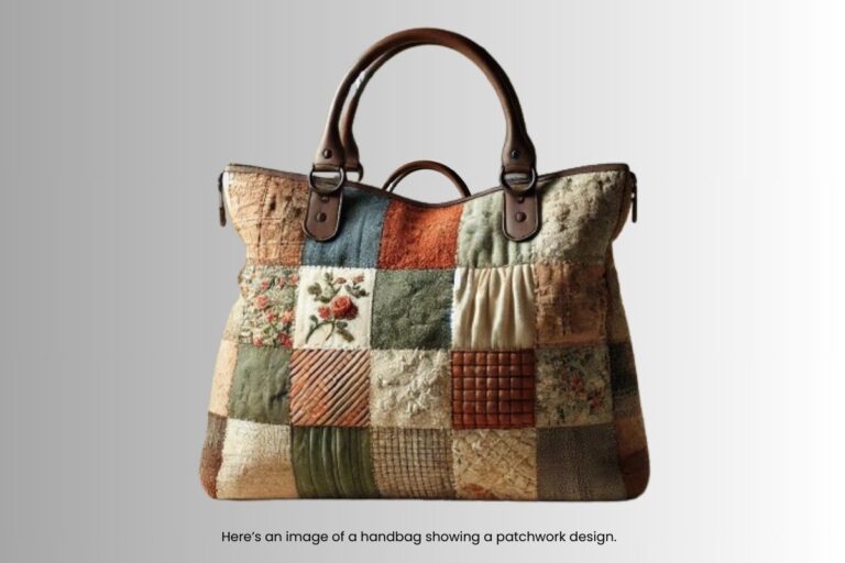 An image of a patchwork bag created by combining fabric pieces from different handbags. The bag features various colors and textures, focusing on earthy tones and a handmade look, set against a simple, clean background to highlight the bag's details.