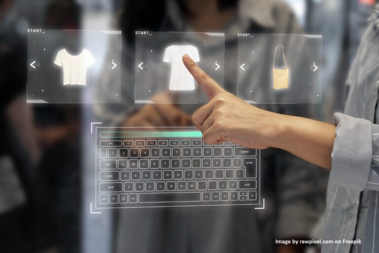 A close-up of a person selecting fashion items using a digital interface, showcasing AI-driven personalization in fashion. The interactive screen displays various clothing and accessory options tailored to the user's preferences, emphasizing how AI enhances personalized shopping experiences.