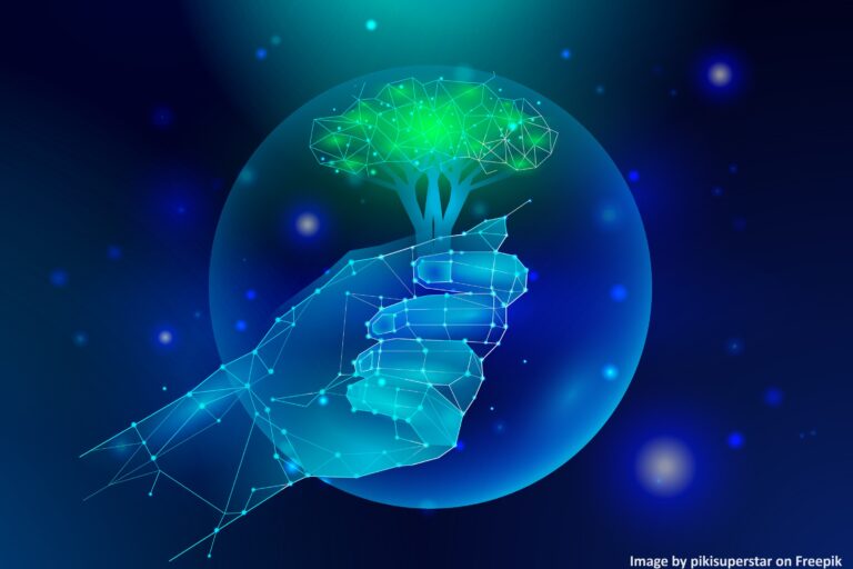 A digital illustration featuring a low-poly hand made of connected lines and dots, gently holding a green tree. The image symbolizes the role of AI in sustainable practices, with a glowing blue background representing technology and the environment