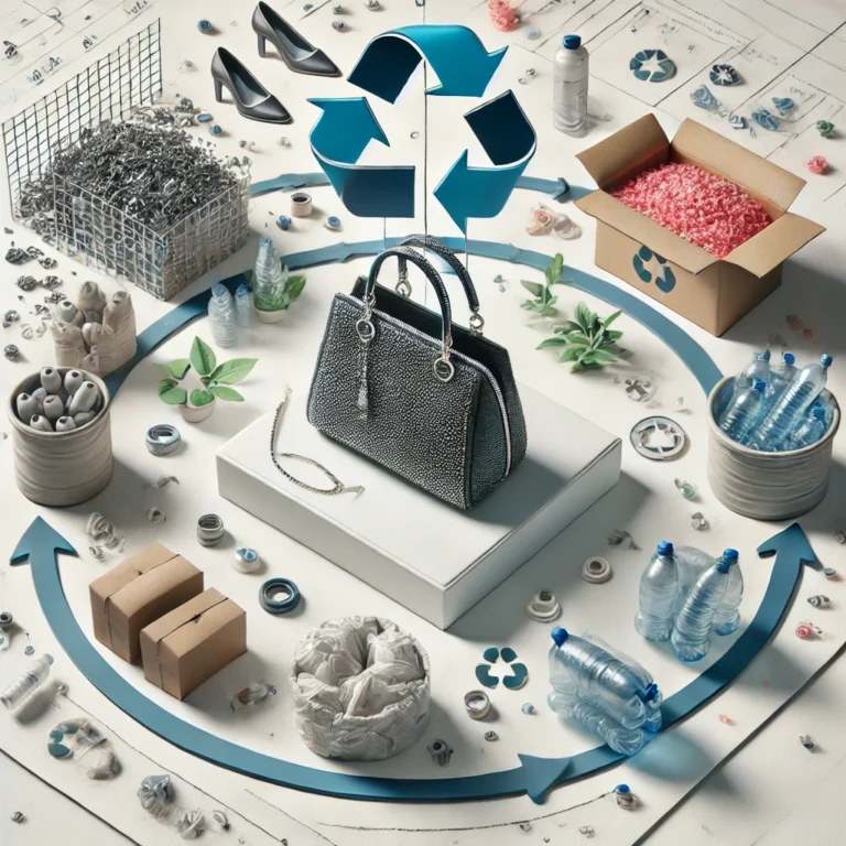 An image depicting the recycling process of plastic bottles into a fashionable handbag. The scene includes plastic bottles being collected and shredded into small pieces, which are then transformed into a stylish handbag, displayed prominently in the center. Surrounding the handbag are elements representing each step of the recycling process, all set against a clean, white background with a blue recycling symbol above. The design emphasizes sustainability and fashion.