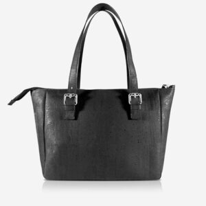 An image of a black Corkor tote handbag. This sustainable handbag is perfect for work . It has a spacious interior with many inside pockets.
