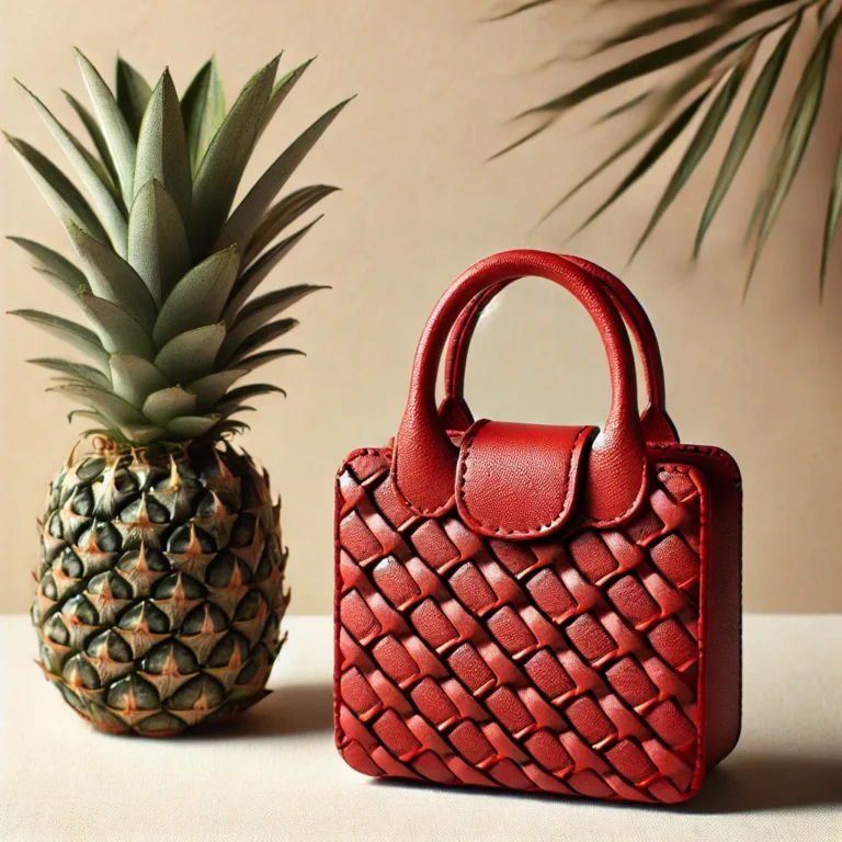 A small, stylish handbag made from Piñatex, a trendsetting sustainable material derived from pineapple leaves, in a rich red color. The handbag features a smooth texture with subtle woven details and is placed on a light surface. Beside the handbag is a pineapple with leaves, emphasizing the eco-friendly origin of the material. The background is natural and minimalist.