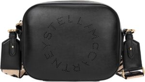 An image of a Stella McCartney black logo, mini bag. This circular fashion handbag with a perforated Stella McCartney logo at the front has adjustable shoulder canvas strap made from recycled materials.