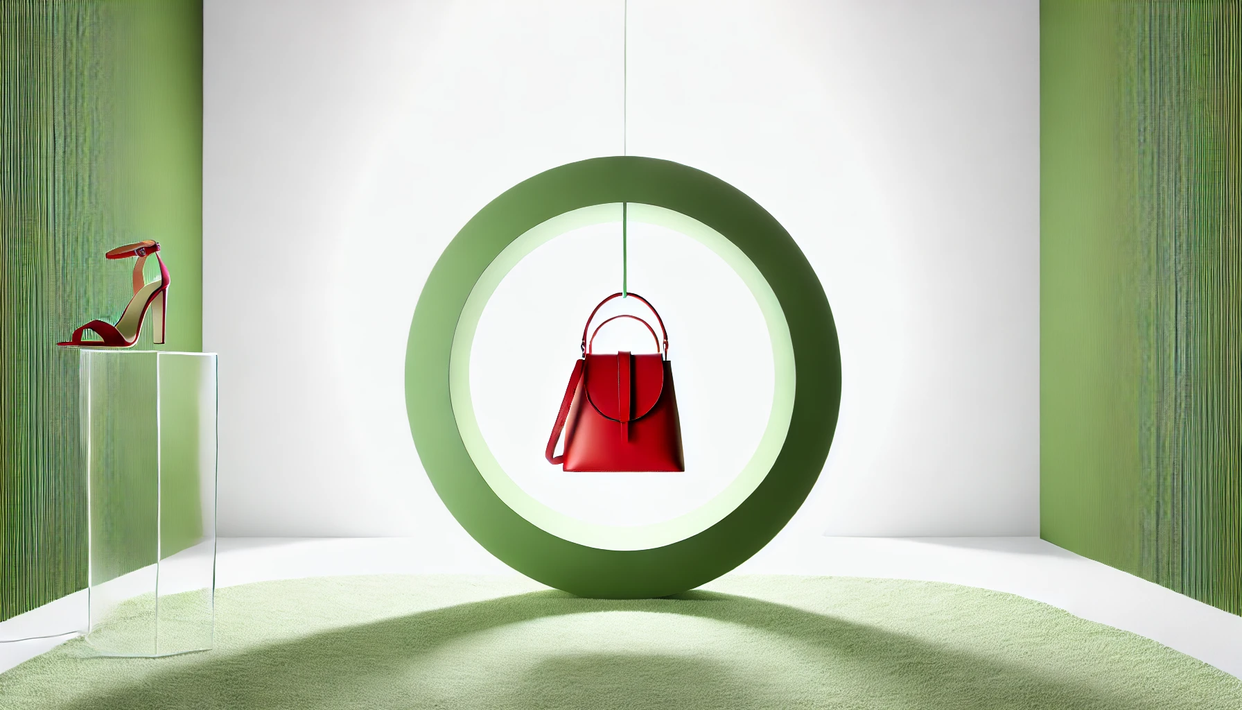 An image featuring a red handbag hanging inside a large green circular frame - this represents circular fashion.in the handbag industry. The frame is centered against a clean white background with green accents on the walls and floor. To the left, a pair of red high-heeled shoes is displayed on a transparent stand. The overall aesthetic is modern and sleek, emphasizing the contrast between the bold red handbag and the clean, minimalistic environment.
