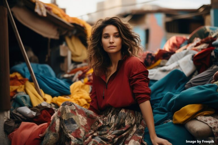 An image of a woman in front of a fast fashion clothing pile. This image represents the section of fashion pitfalls.