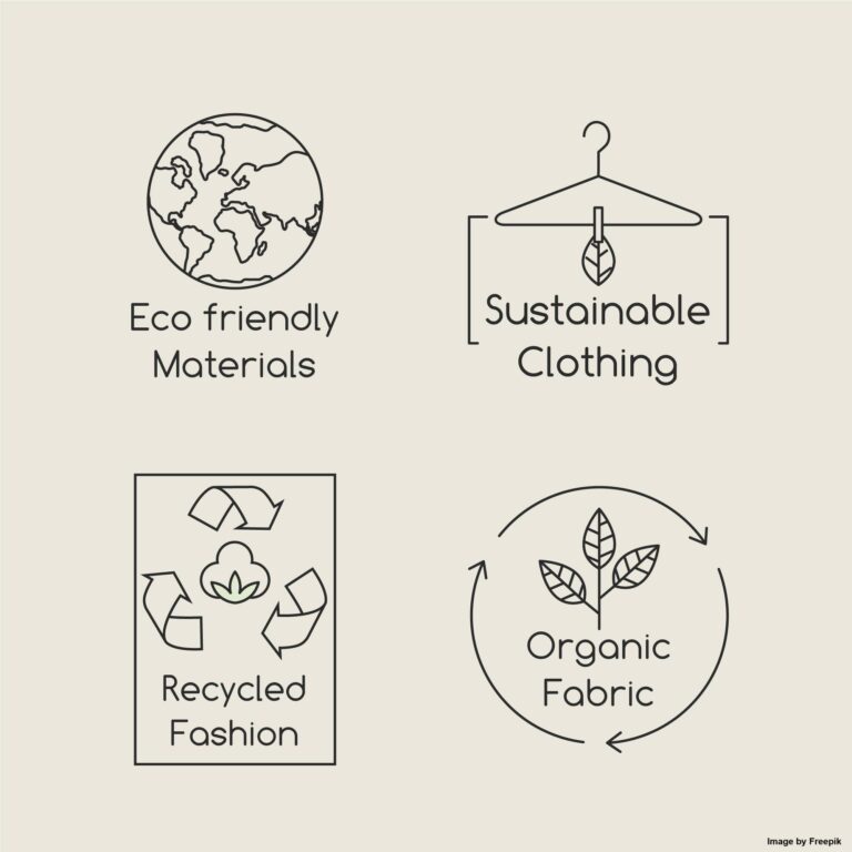 An image of badges representing slow fashion. The badges show the eco-friendly materials, sustainable clothing, recycled fashion and organic fabric.