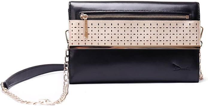 Doshi vegan leather sustainable clutch in black with a beige perforated flap, gold zipper accent, and chain strap. The structured design blends modern style with ethical craftsmanship, offering a sleek, cruelty-free accessory option.