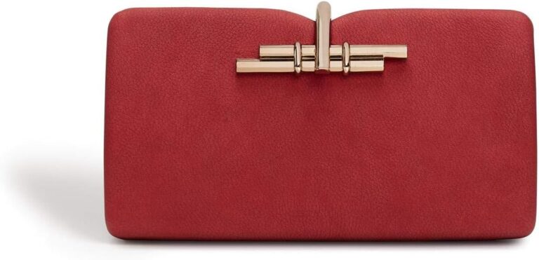 An image of a LaBante London red, eco-friendly and vegan clutch purse, with gold hardware closure.