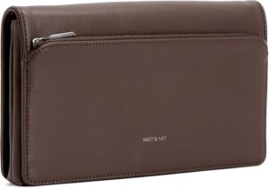 Matt & Nat vegan leather clutch in deep brown with a sleek, minimalist silhouette and front zipper pocket. Made from sustainable materials, this cruelty-free design reflects the brand’s commitment to eco-conscious fashion.