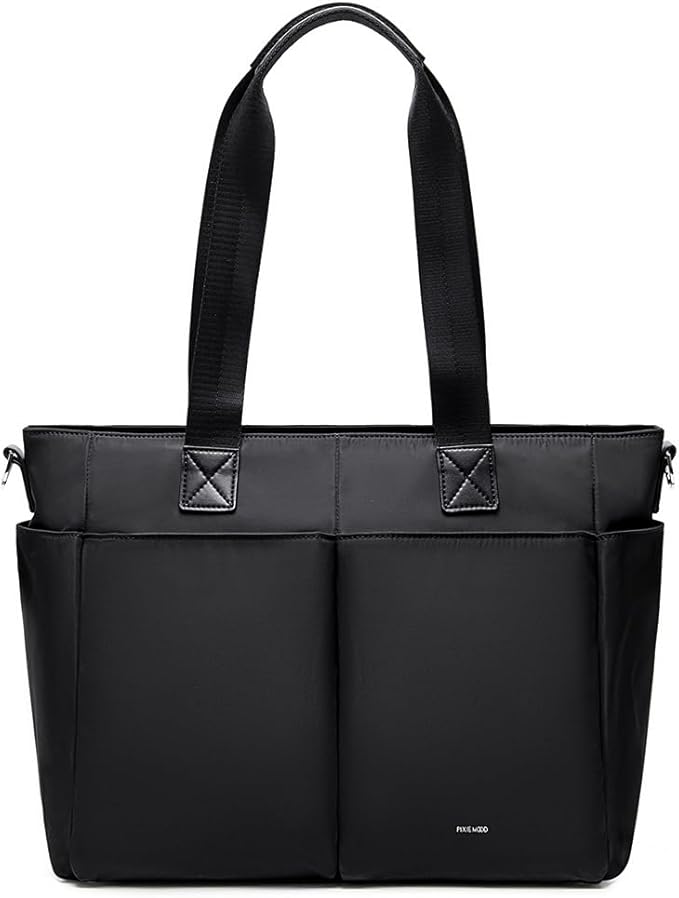 A black Pixie Mood Olivia Recycled Tote Handbag, ideal for everyday commute during the fall season.