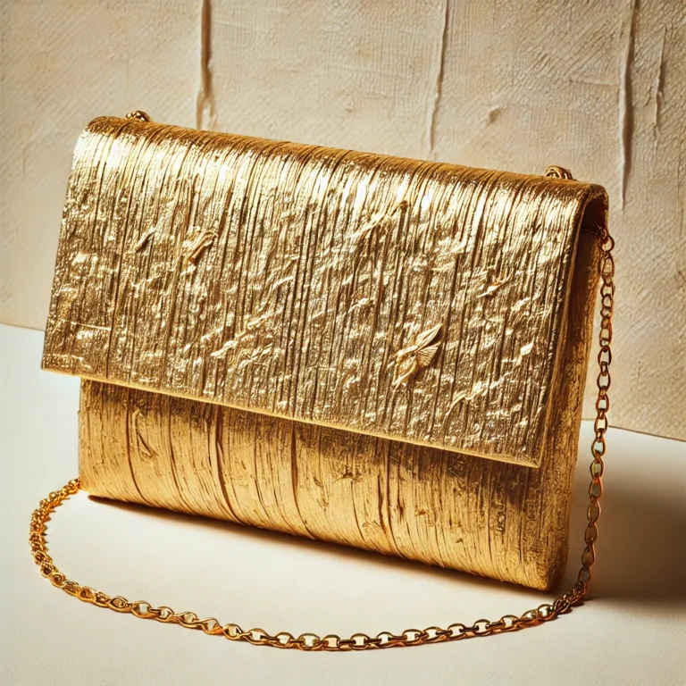 An image representing a gold, pinatex vegan clutch bag.