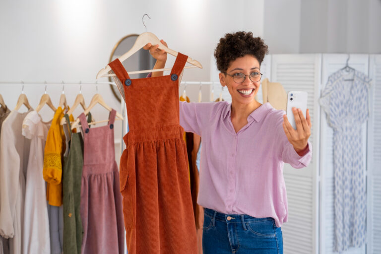An image of a woman snapping a picture of a clothing item to swap via an eco-friendly app.