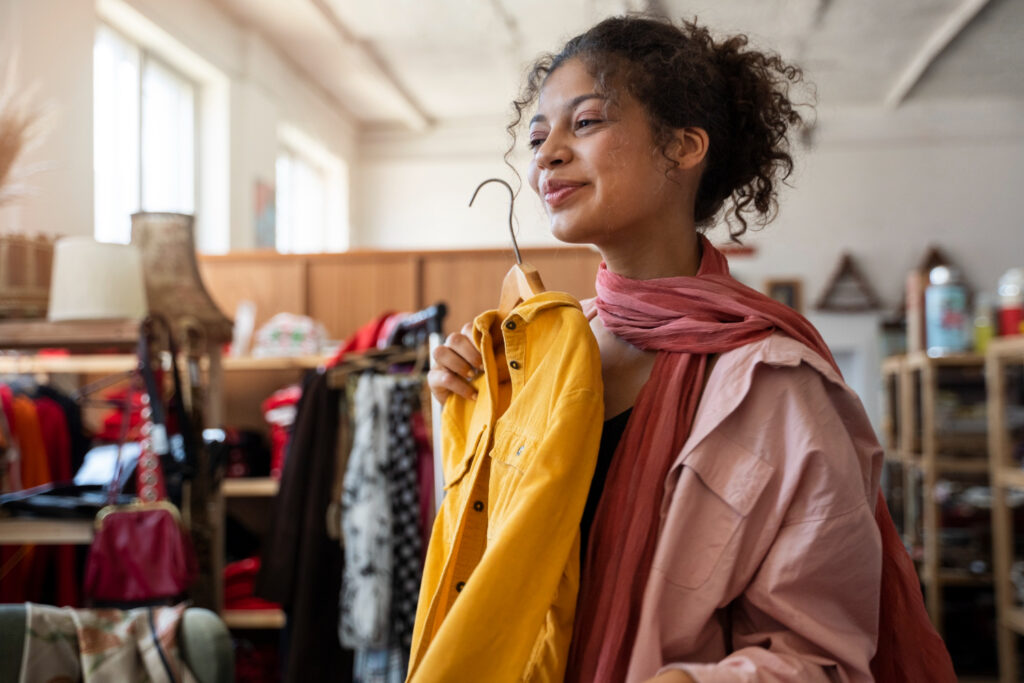 A smiling woman holds up a yellow shirt while shopping in a thrift store, surrounded by second-hand and sustainable clothing. The image represents the joy and mood-boosting benefits of choosing eco-friendly fashion.