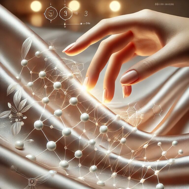A close-up of a luxurious, collagen-infused silk fabric being gently stretched by a woman's hand. The smooth, glowing texture symbolizes the skincare and rejuvenating properties of collagen clothing. Delicate molecular structures overlay the fabric, representing the fusion of science and fashion.
