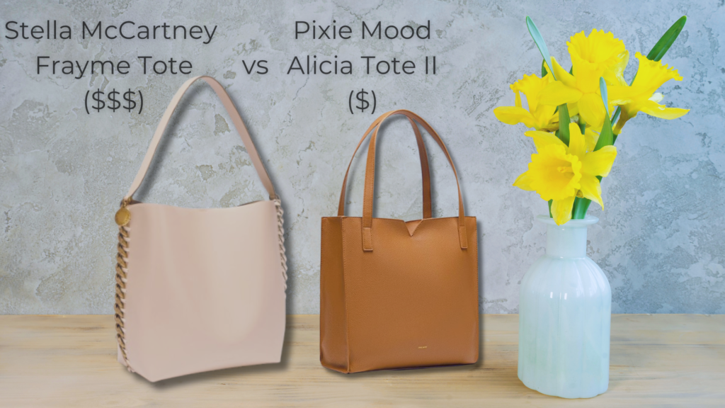 Luxury vs. budget-friendly sustainable tote bag comparison: Stella McCartney Frayme Tote ($$$) vs. Pixie Mood Alicia Tote II ($). A side-by-side look at high-end and affordable vegan leather handbags on a neutral background with yellow flowers in a vase.