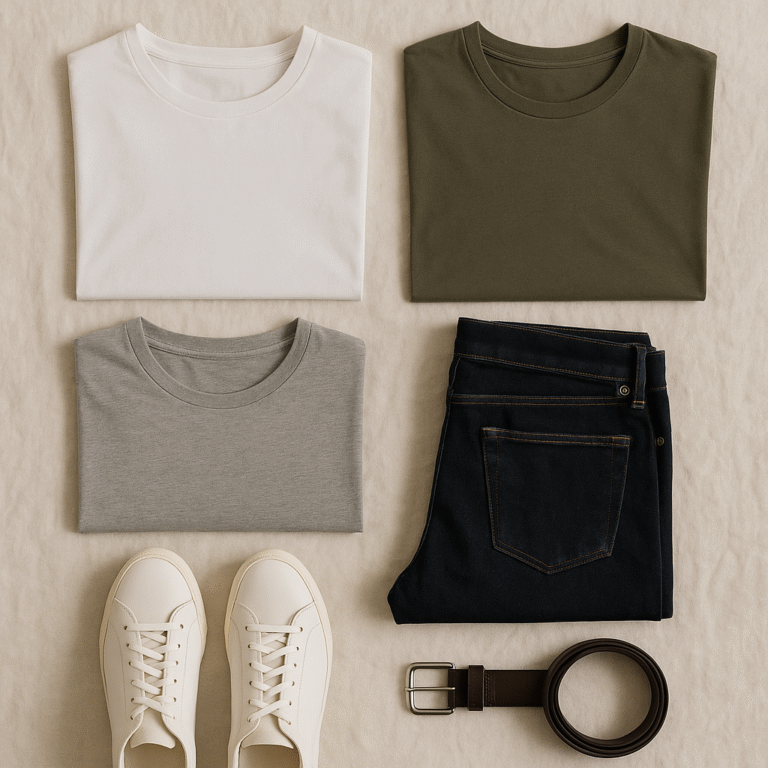Flatlay of folded minimalist men’s clothing including white, gray, and olive T-shirts, dark jeans, white sneakers, and a brown belt on a neutral fabric background.