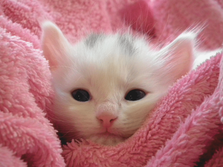 A fluffy white kitten with light grey markings nestled in a soft pink microfiber towel. The cozy image highlights pet comfort, indoor air quality, and the importance of using non-toxic, pet-safe, and eco-friendly fabrics in sustainable fashion.
