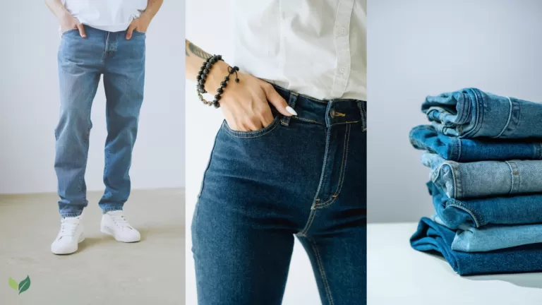 A collage showcasing sustainable denim jeans. The first panel shows a person wearing light blue straight-leg jeans and white sneakers. The middle panel features a close-up of a person in dark blue high-waisted jeans with a hand in the pocket, wearing black beaded bracelets. The third panel displays a neat stack of folded denim jeans in various blue shades. The image conveys stylish, eco-friendly fashion.