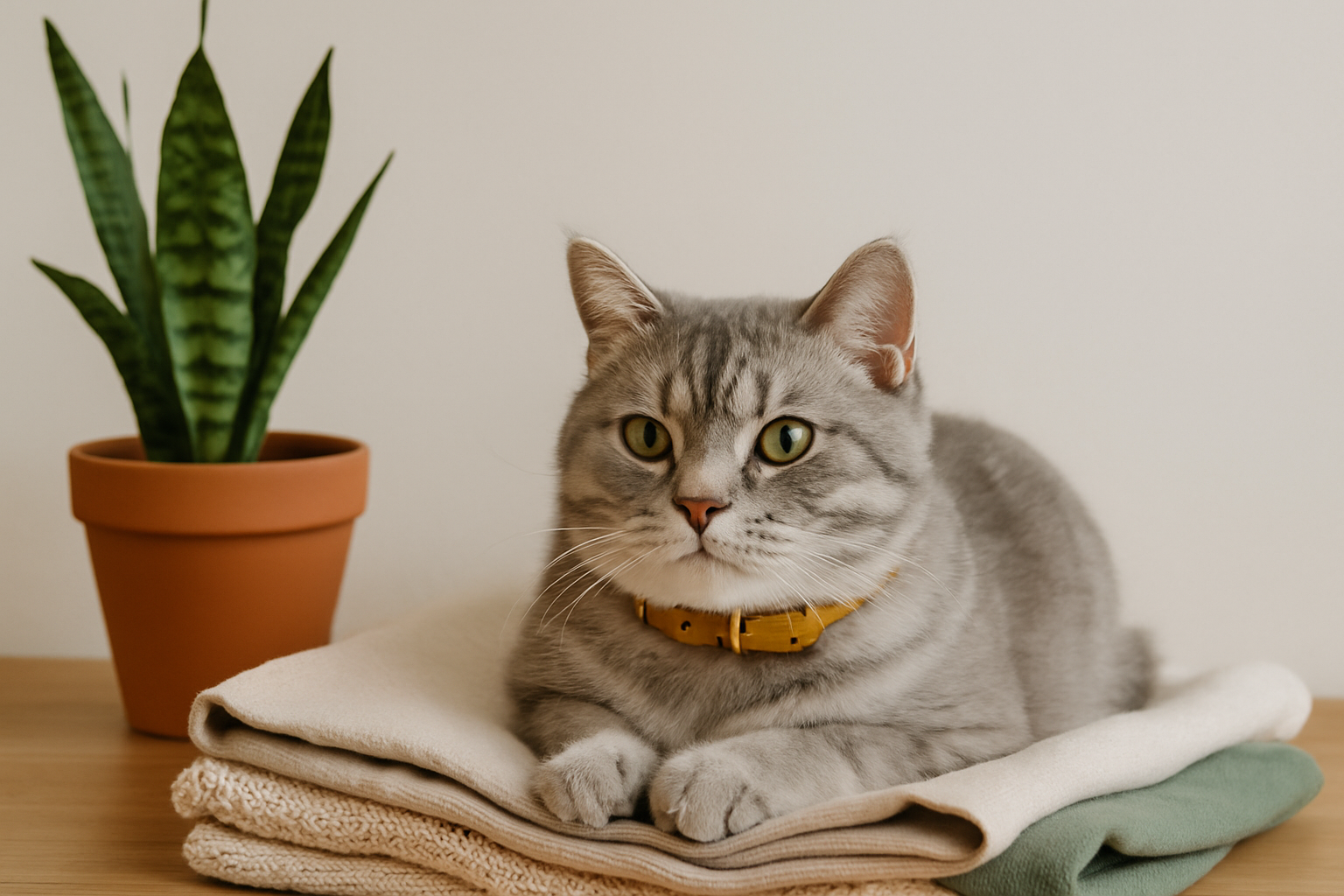 Light gray tabby cat with fat cheeks wearing a mustard yellow collar, resting on folded sustainable fabrics next to a potted snake plant. This eco-conscious scene illustrates the connection between sustainable fashion and pet safety in a warm, minimalist home setting.