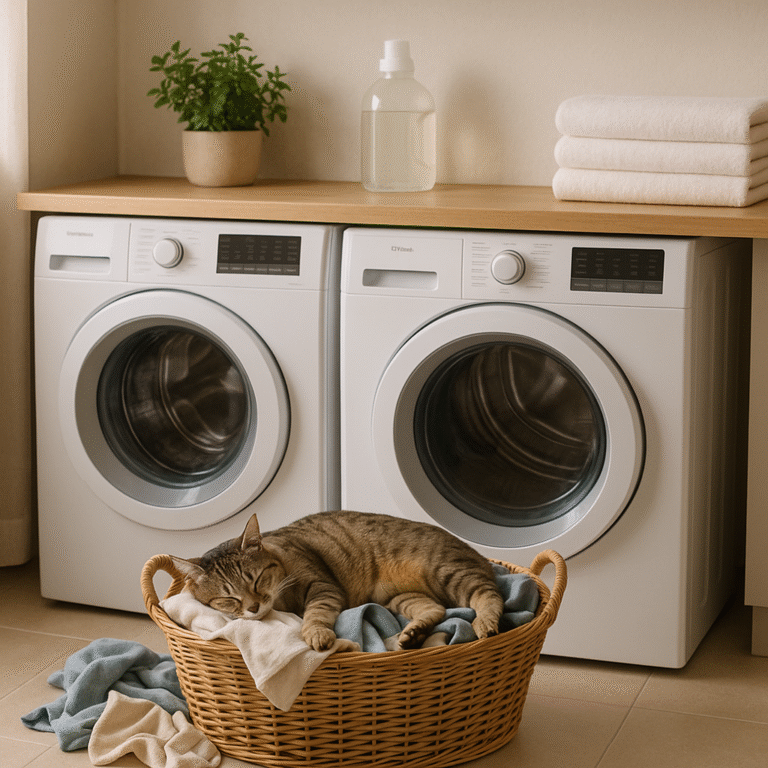 A pleasant, sustainable laundry room featuring a tabby cat lying in a wicker basket filled with eco-friendly clothes. Beside the cat, an energy-efficient front-loading washing machine and dryer stand beneath a countertop with folded organic towels, a small potted plant, and a clear bottle of non-toxic detergent — creating a clean, pet-safe, and eco-conscious space.