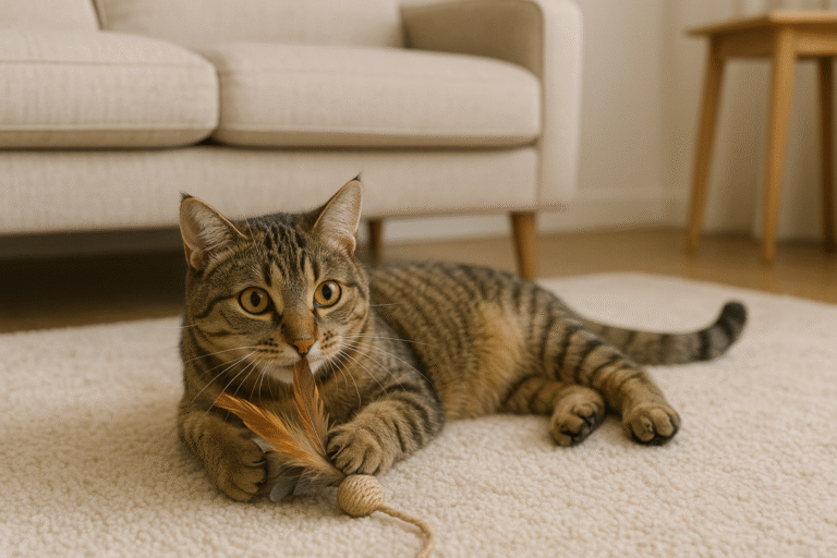 A playful tabby cat lying on a soft beige rug, holding a natural fiber toy with feathers in its paws. The cozy, eco-friendly living room setting features minimalistic furniture, highlighting a safe and sustainable environment for pets.