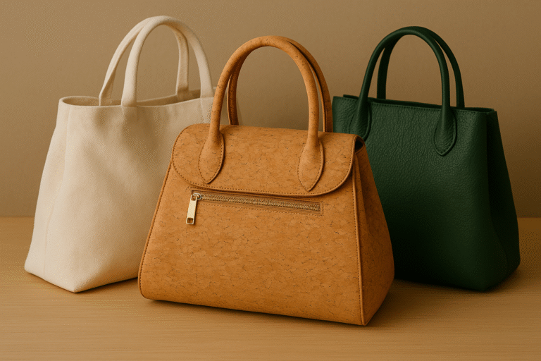 Eco-friendly handbags made from cork, organic cotton, and recycled plastic displayed on a neutral background