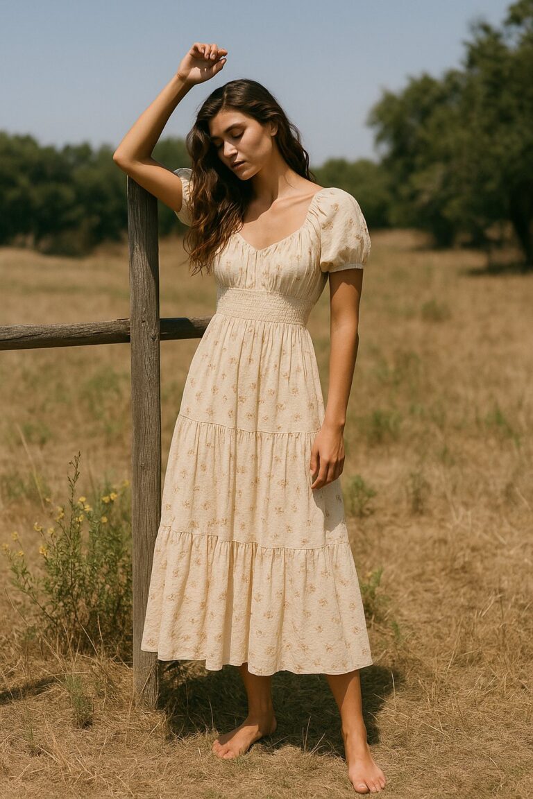 Woman wearing a summer dress inspired by the Christy Dawn Dawn Dress, featuring a prairie-style silhouette in soft floral cotton.
