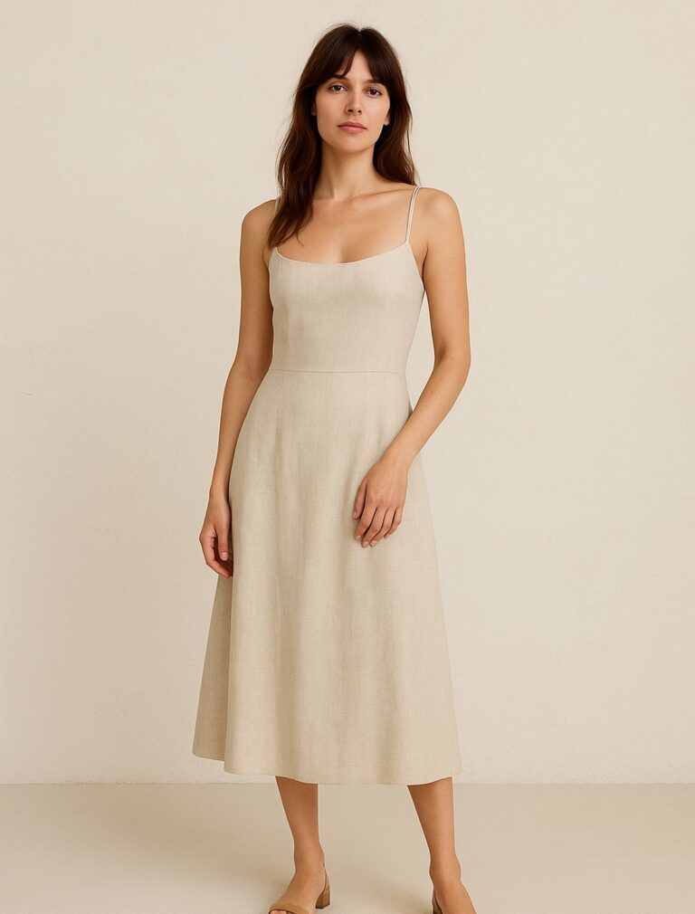 Woman wearing an eco-friendly summer dress inspired by the Reformation Tagliatelle Linen design, standing in soft sunlight against a neutral wall.