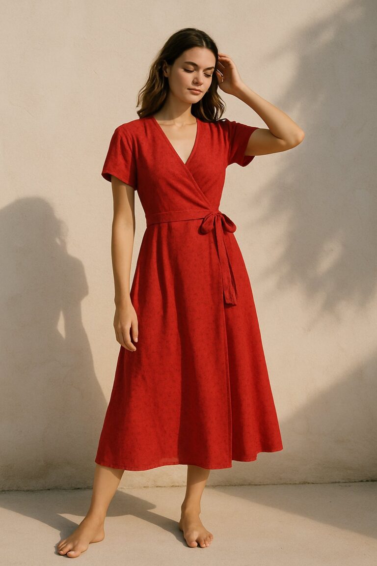 Woman wearing a summer wrap dress in soft red, inspired by the People Tree Delilah Dress, made from organic cotton for sustainable style.