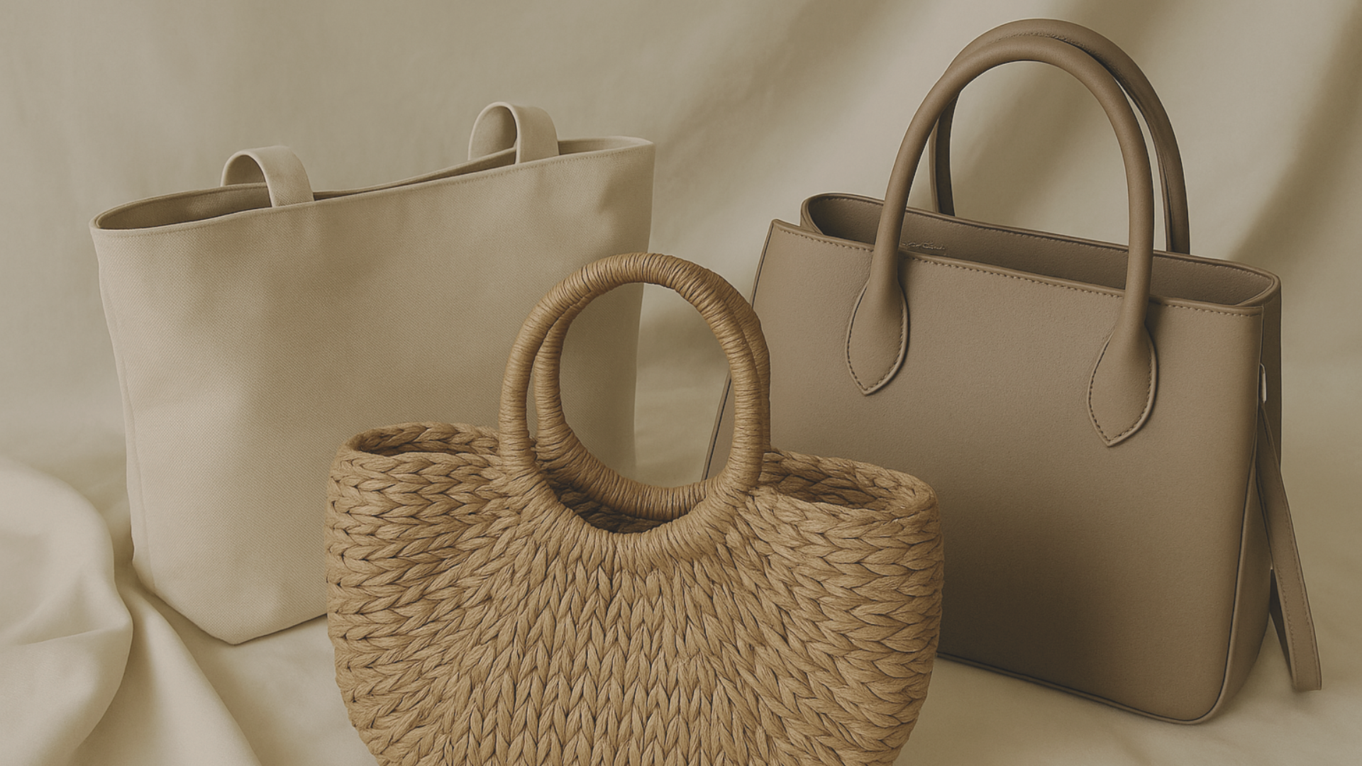 Three eco-friendly handbags made from plant-based and recycled materials, displayed on a neutral fabric background. Includes cork, vegan leather, and raffia textures.