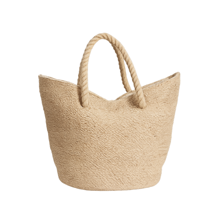 AI-generated image of a sustainable-style beach bag made from natural jute with rope handles, inspired by eco-friendly summer tote designs.