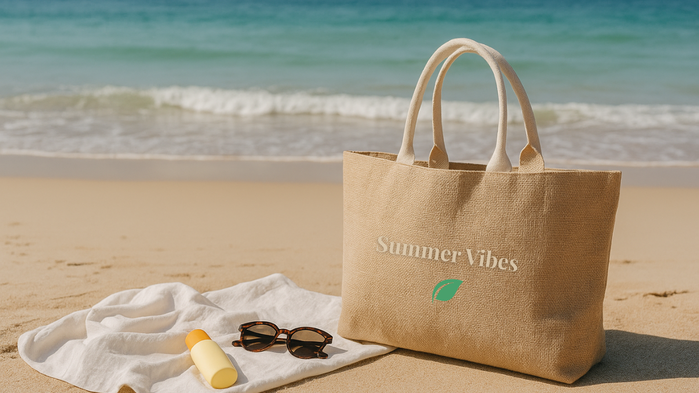 Eco-friendly beach bag made from natural materials, styled on sand with a linen towel, sunglasses and sunscreen for a minimalist summer look.