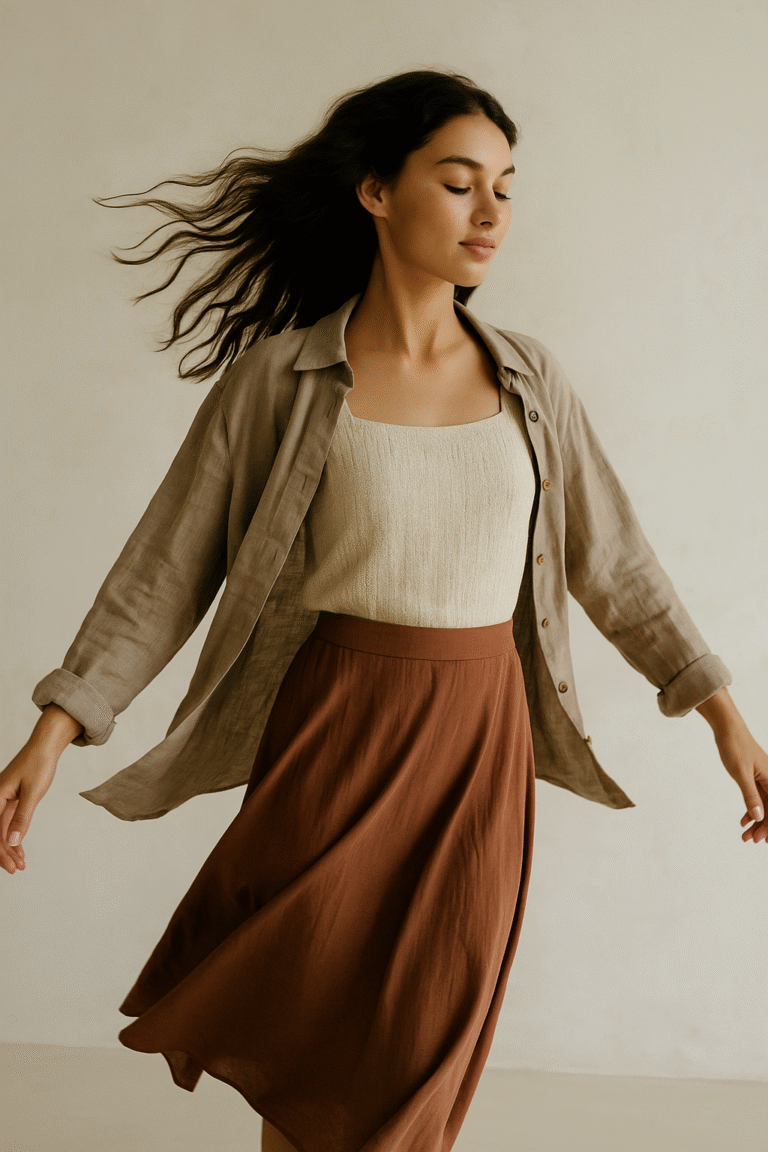 Woman in flowing linen skirt and open shirt, captured mid-motion against a soft neutral backdrop, symbolizing movement and effortless regenerative fashion style.