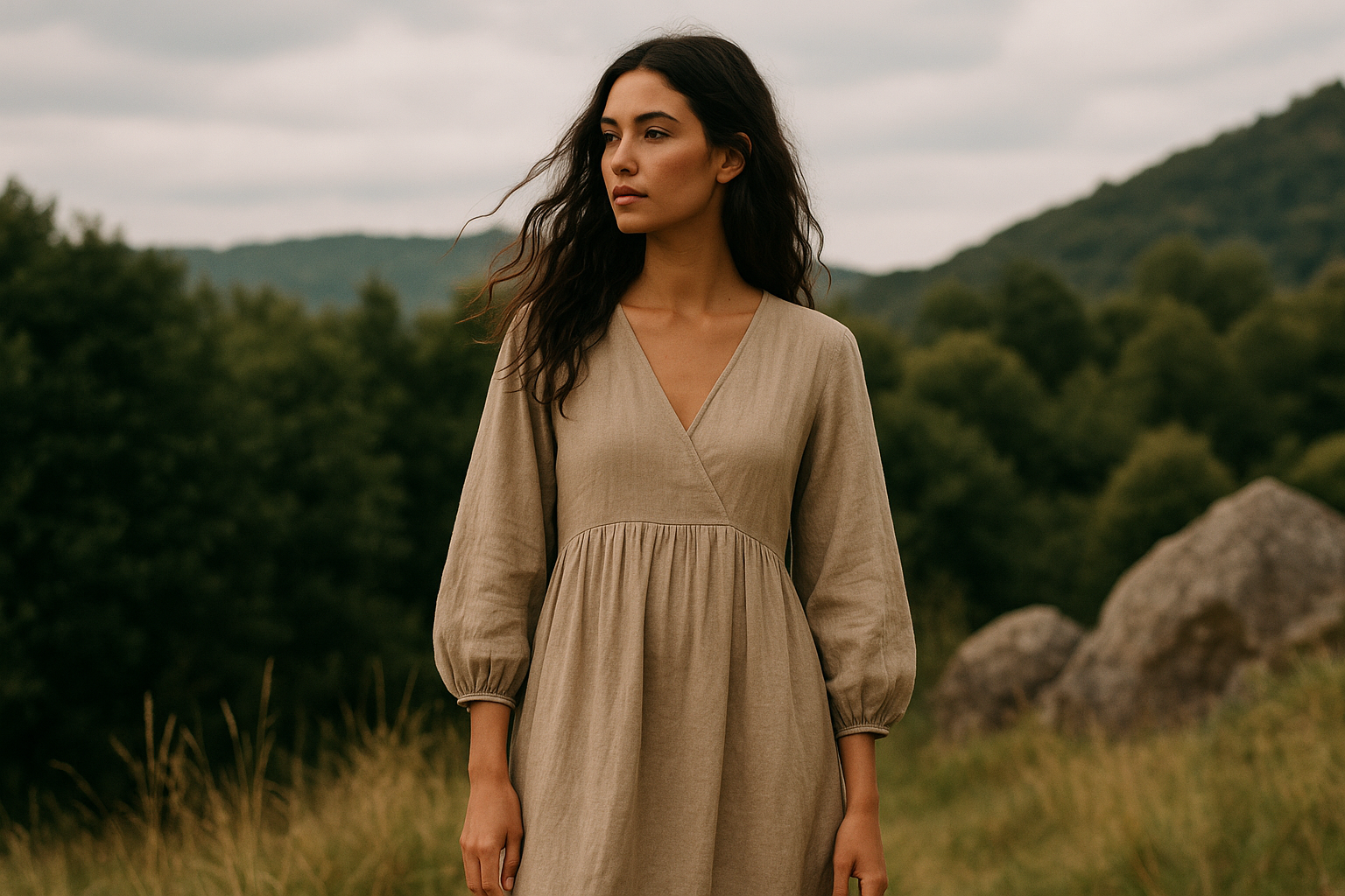 Woman in beige linen dress standing in a wild green field, representing regenerative fashion