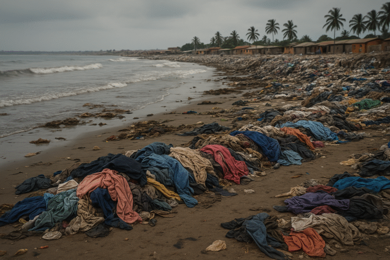 Fast fashion waste from secondhand clothing scattered across a polluted beach in Ghana, showing environmental damage from the global fashion industry.