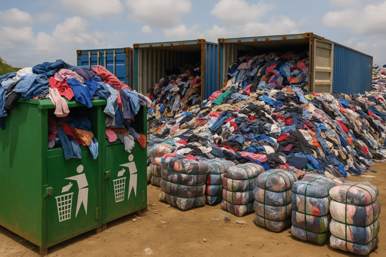 Fast fashion donations overflowing from clothing bins and packed into shipping containers for export to Ghana’s Kantamanto Market.