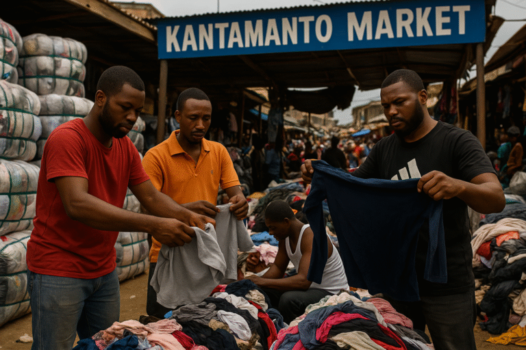 Traders in Ghana’s Kantamanto Market opening secondhand clothing bales, exposing fast fashion waste and risks for local vendors.