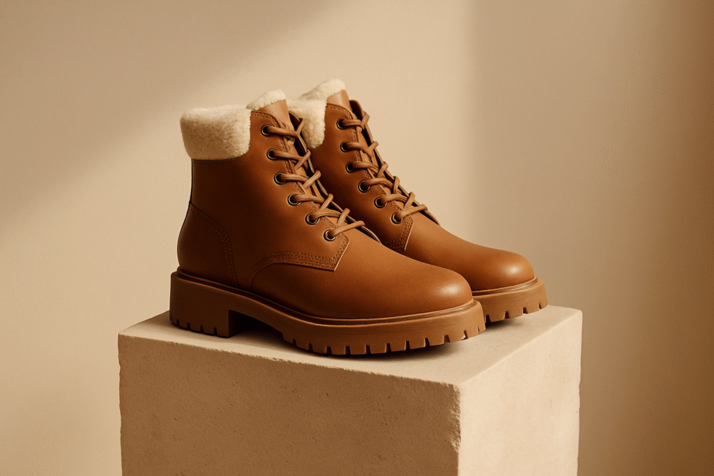 A pair of tan leather winter boots with cream faux-shearling lining, round matching laces, and sturdy textured soles, displayed on an off-white stone pedestal under warm neutral lighting.
