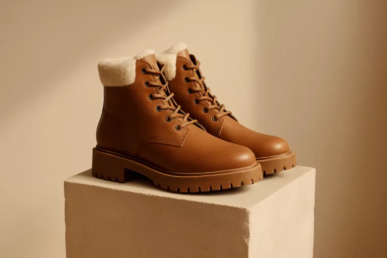 A pair of tan leather winter boots with cream faux-shearling lining, round matching laces, and sturdy textured soles, displayed on an off-white stone pedestal under warm neutral lighting.